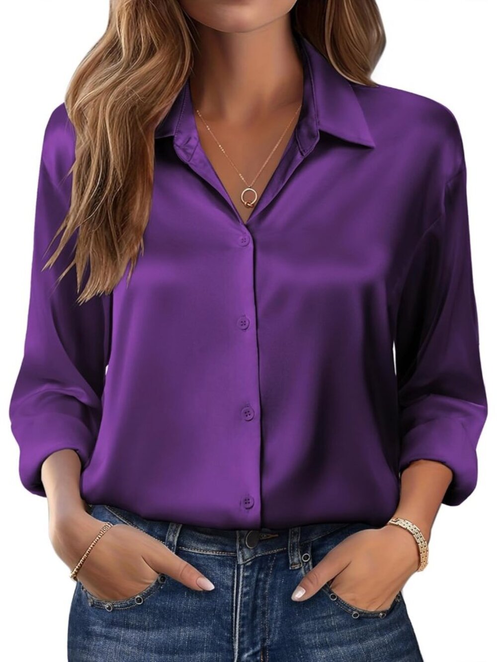Women's Purple Long Sleeve Satin Silk Button Down Casual Blouses Top T-Shirt